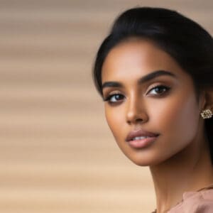 A woman with long black hair and blue eyes.