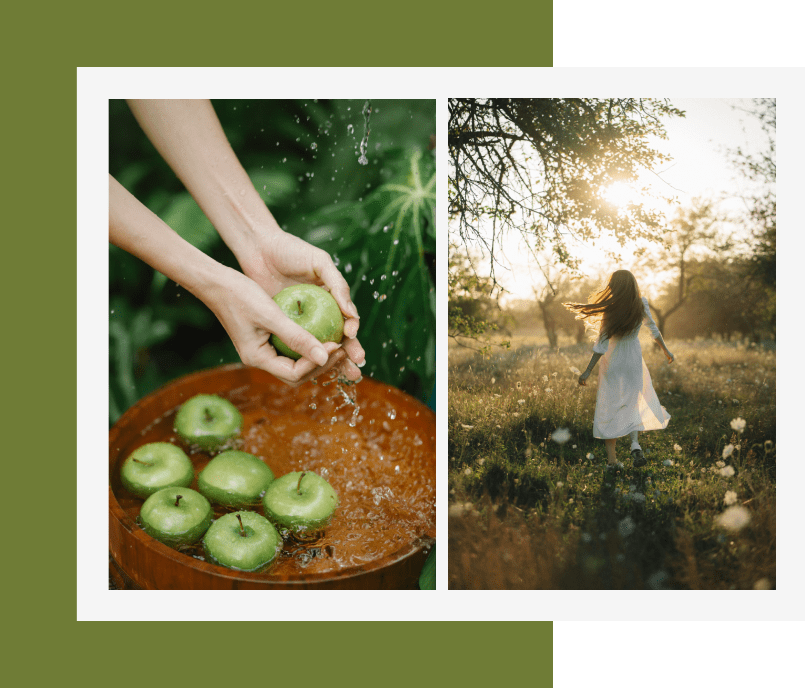 A collage of two pictures with a person holding a kiwi.